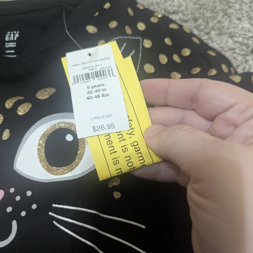 GAP Black Pajama Set with Gold Polka Dot Cat Design